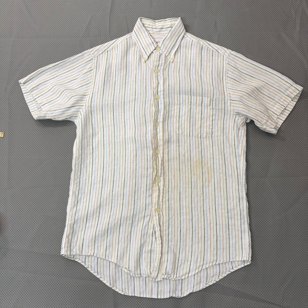 Brooks Brothers Button Down Mens S White Striped Irish Linen VTG OCBD Hong Kong